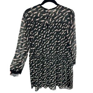 Zara Basic Sheer Black Long Sleeve‎ Belt Print Babydoll Shift Mini Dress Size M